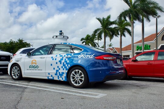 Doral FL 11/10/2020 ARGO.AI self driving test vehicle on public roads mapping lanes and 3d photo imaging area for future applications.