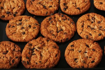 Delicious oatmeal cookies with chocolate on the table