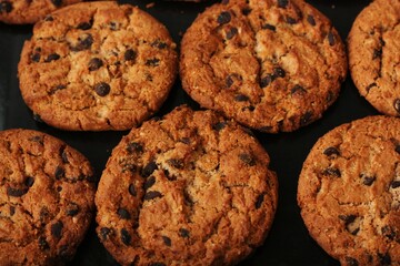 Delicious oatmeal cookies with chocolate on the table