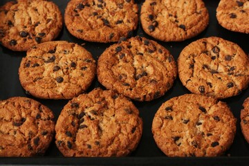 Delicious oatmeal cookies with chocolate on the table