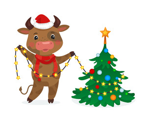 Happy New Year Illustration. Cute cow decorating the Christmas tree. Christmas card flat style. Hand drawn vector illustration with Chinese new year symbol. 2021 year