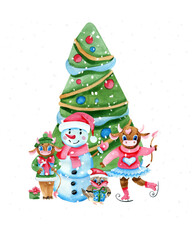 Happy New Year card with bull, Christmas tree, snowmen. 2021 year of the bull.