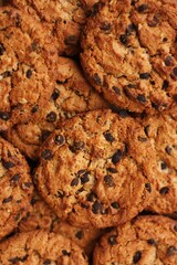 Delicious oatmeal cookies with chocolate on the table