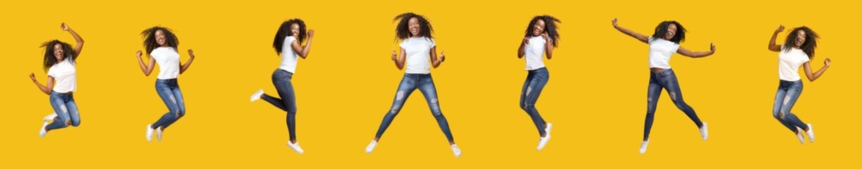 Fototapeta na wymiar Collage of jumping african american lady on yellow background