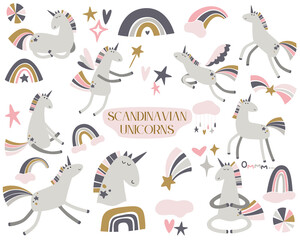 Obraz premium Unicorn and Rainbow Clipart in scandinavian style. Set of cute unicorns, rainbows, celestial elements. Grey and pink colors. Hand drawn retro vector illustrations. 
