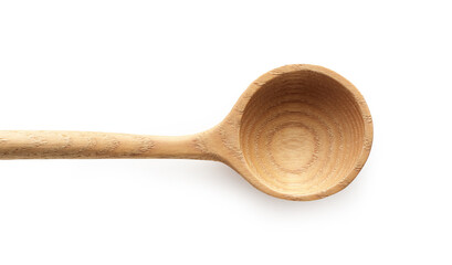 Wooden empty spoon top view isolated on white background