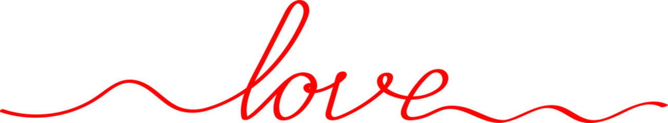 The word Love is written in red letters in lettering style, a signature for a card of lovers. A screensaver for web design for valentine's day or wedding day.