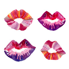 Hand drawn watercolor fashion illustration lipstick kiss. Female card with red lips. Romantic print isolated on white background