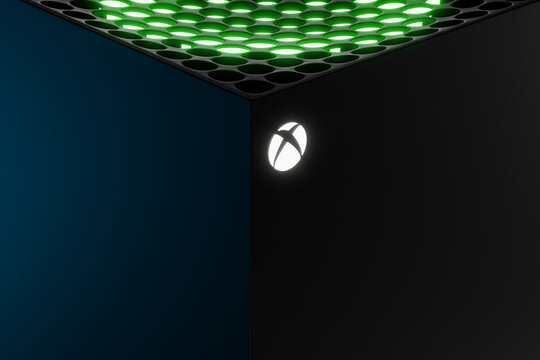 Wrocław,Poland - July 12 2020: Xbox Series X home video game console by Microsoft with close up of white logo on front. 3d render concept model. Copy space