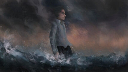 man standing in the sea and looking among sea wave and bad weather ,digital art, Illustration painting	