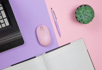 Top view of a desk with a pen and a flower, flat lay, copy space.