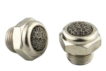 Macro shots of two steel air silencers with a metal mesh inside, isolated on a white background.