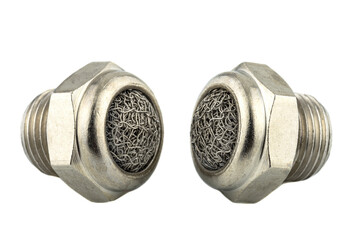 Macro shots of two steel air silencers with a metal mesh inside, isolated on a white background.