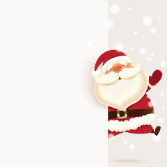 Santa Claus jumping next to white blank signboard isolated on a grey background,Christmas greeting card