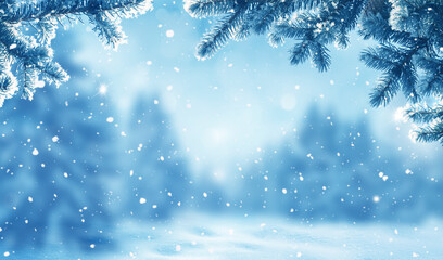 Merry Christmas and happy New Year greeting card with copy-space. Christmas landscape with snow and...