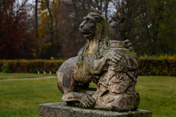 Old abandoned ruined baroque Libechov castle, sculptures in castle garden, Romantic chateau was heavily damaged after affected by flooding in 2002, Central Bohemia, Czech republic