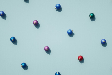 Top view of various color Christmas balls