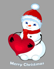 Snowman and heart. Gray background. merry Christmas. illustration