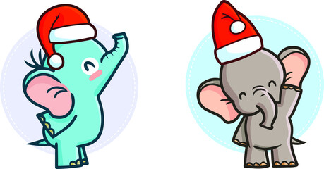 Funny and cute two elephant character wearing Santa's hat for christmas