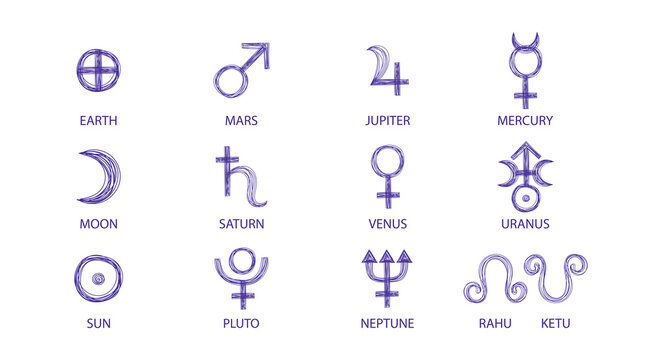 Solar planet signs hand drawn with blue pen. Vector astrological planetary symbols set. Sun earth moon mars saturn venus jupiter rahu ketu