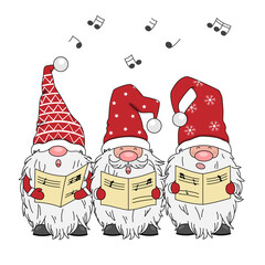 Christmas card. Three gnomes singing. Isolated vector
