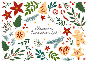 Bundle of Christmas and Happy New Year floral design elements.Vector hand drawn plants,cookies and candies, tree branches,mistletoe and berries.Xmas decoration set.Winter traditional decor bundle. © Xenia Artwork 