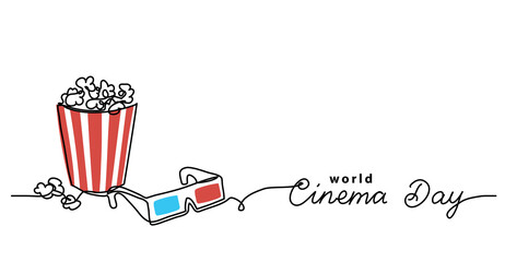 Cinema day vector illustration with popcorn bucket and 3d glasses. One line drawing art illustration with lettering world cinema day.