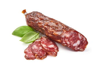 Italian sausage. Tasty dried sausage, isolated on white background