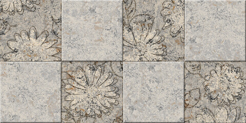 Beige decorative stone tiles with natural stone texture and floral pattern. Element for interior design. Background texture