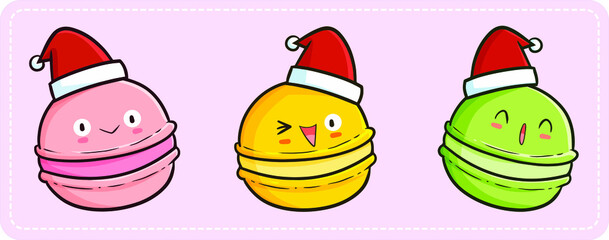 Cute and funny three kawaii macaron characters celebrating christmas