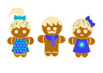 Cute gingerbread set of men on a white background. Graphic element for greeting card for New Year and Christmas. Vector illustration in a flat style.