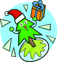 Cute and funny pine tree laughing happily and holding christmas gift box