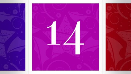 Christmas Advent Calendar 3D Box Reveals Numbered 13-24. Twelve Illustrated Motion Graphics Animate Open to Reveal Chroma Green Screen.