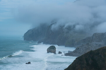 Fog, San Julian beach, Candina Mountain, Monta&ntilde;a Oriental Costera, Liendo, Liendo Valley, Cantabria, Spain, Europe