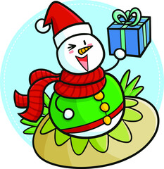 Cute and funny dressed snowman holding christmas present