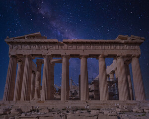 Parthenon ancient Greek temple on Acropolis of Athens and starry sky background, Greece