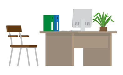 Computer desk, workplace cartoon, business concept, vector. omputer monitor and folders with documents on the table, potted green plant, office chair. Office room conceptual banner flat style
