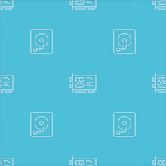 Vector seamless pattern with computer hardware line icons on blue
