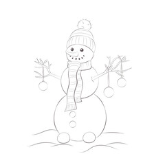Sketch Snowman with branches and New Year's toys, coloring for children, New Year's holidays, cartoon character, Happy Christmas.