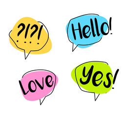 Big Set colorful speech bubble. Chat Hello, yes, love. Shaped banners, price tags, stickers, posters, badges. Isolated on white background. Vector illustration doodle style.