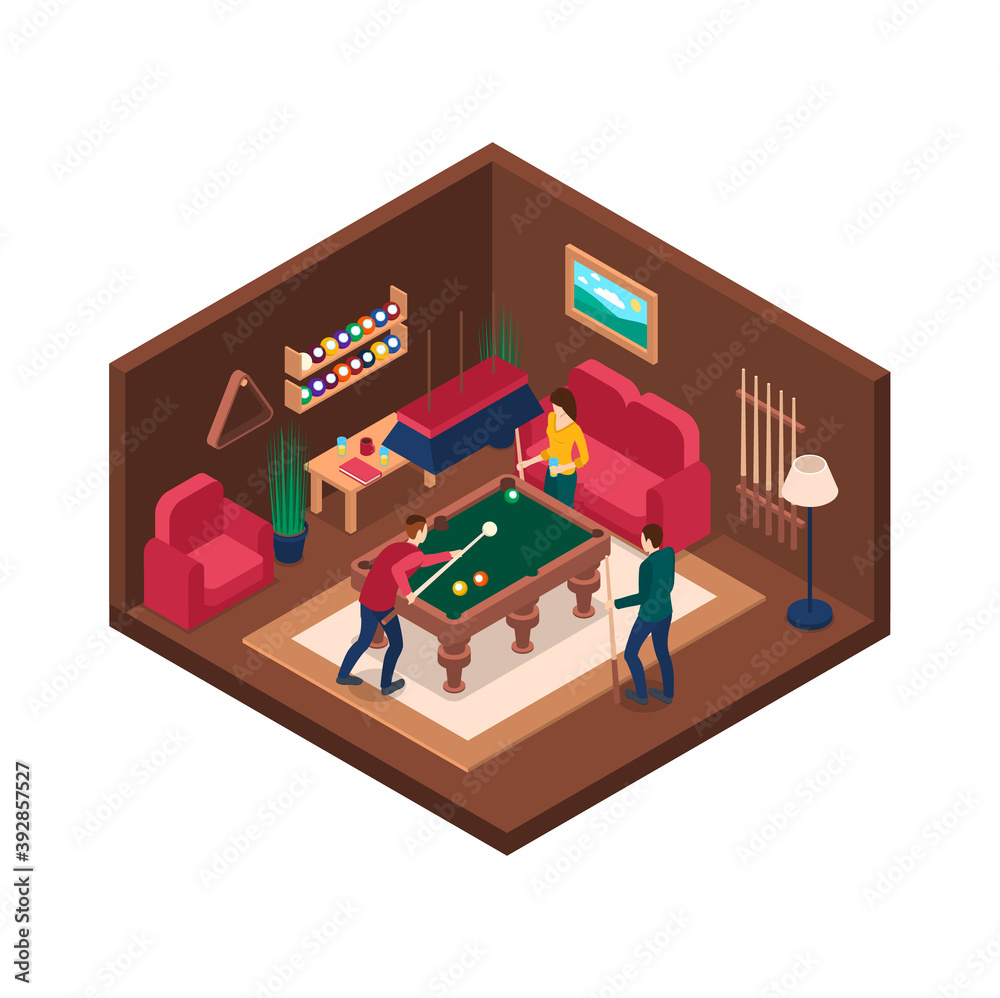 Poster Characters People and Billiard Room Interior with Furniture Isometric View. Vector