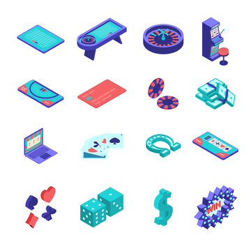 Color Online Casino Gambling Icons Set 3d Isometric View. Vector