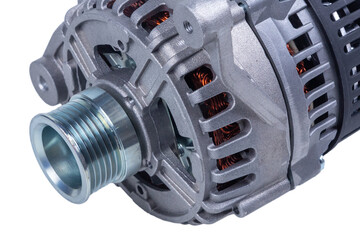 part of a new automobile alternator, close-up view. spare parts