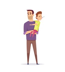 Dad and son. Puzzled father, ill boy with thermometer. Temperature measurement, flu or colds or virus infection. Isolated single man holding child vector illustration. Child sick, son with father