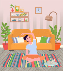 Woman doing yoga exercise. Young and beautiful fit girl sitting on the floor in lotus position. Female character taking care of her health, leads a healthy lifestyle, doing relaxation exercises