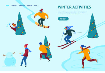 Winter Activities Concept Card Landing Web Page Template. Vector