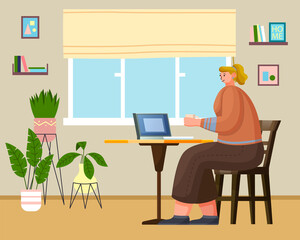 Fototapeta premium Cute young woman sitting on comfy chair with laptop computer in cozy room with potted plants. Funny adorable girl working at home drinking coffee. Daily life of freelance worker, everyday routine