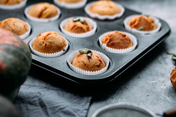 Homemade pumpkin muffins on a light table