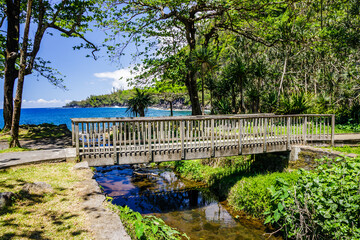 Fototapeta na wymiar Wooden footbridge of Anse des Cascades on Reunion Island
