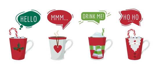 Christmas drinks. Hot winter cocoa chocolate with speech bubbles, festive coffee cups vector stickers. Illustration chocolate drink sweet, tea and cocoa
